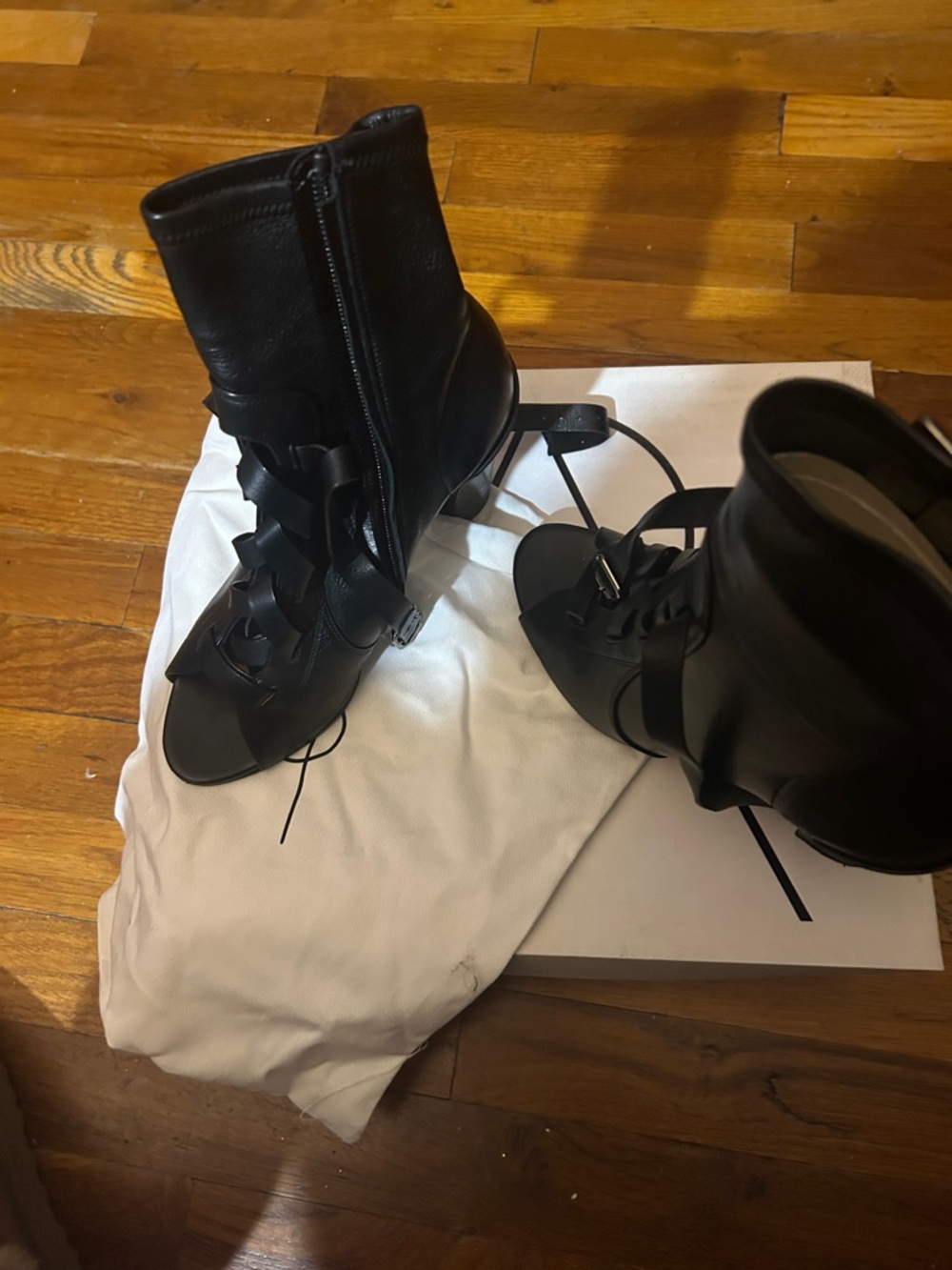 Paul Andrew Black Leather Lace-Up Open-Toe Ankle Heeled Boots